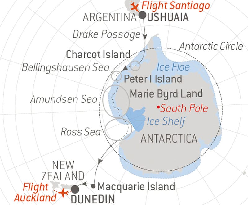 Route map of the Unexplored Antarctica: Between Two Continents voyage on Le Commandant Charcot, cruising from Ushuaia, Argentina, to Dunedin, New Zealand, with visits to the Antarctic Circle, Charcot Island, Peter I Island, Bellingshausen Sea, Amundsen Sea, Ross Sea & Macquarie Island.