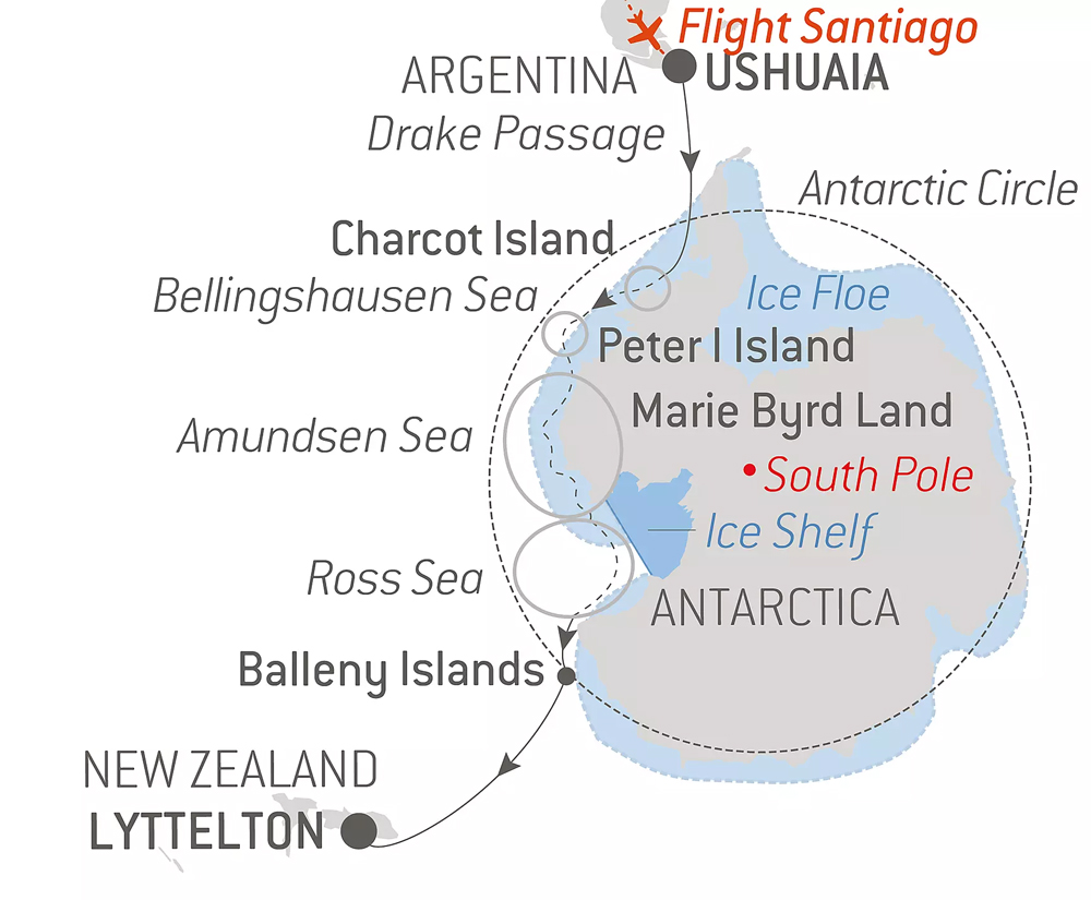 Route map of the Unexplored Antarctica: Between Two Continents voyage on Le Commandant Charcot, cruising from Ushuaia, Argentina, to Lyttelton, New Zealand, with visits to the Antarctic Circle, Charcot Island, Peter I Island, Bellingshausen Sea, Amundsen Sea, Ross Sea & Balleny Islands.