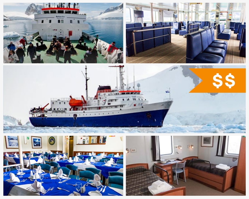 An orange price tag with 2 dollar signs on top of a collage of images from a budget Antarctica cruise, examples of cabin, lounge and dining room aboard Ushuaia expedition ship.