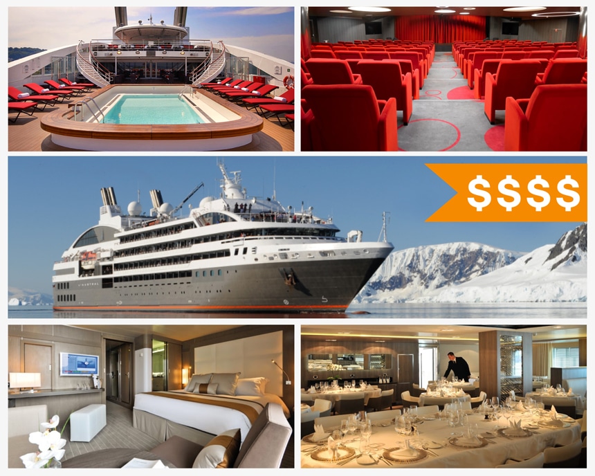 An orange price tag with 4 dollar signs on top of a collogue of images from a luxury Antarctica cruise, examples of cabin, lounge and dining room aboard luxury expedition ship.