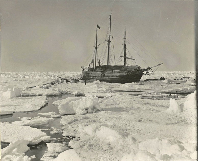 An old photo from 1893 The historic Fram ship stuck among thick ice bergs in the Arctic ocean during her expedition with famous explorer Nansen.
