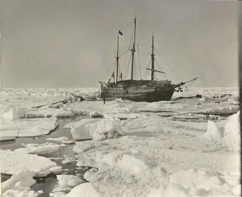 An old photo from 1893 The historic Fram ship stuck among thick ice bergs in the Arctic ocean during her expedition with famous explorer Nansen.