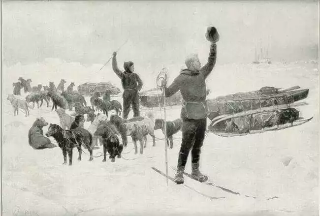 A historic photo from 1893 shows famous explorer Nansen waving goodbye as he and another crew member set off to explore with dogs and sleds.