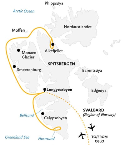 An itinerary and route map of the intro to Spitsbergen Svalbard Cruise