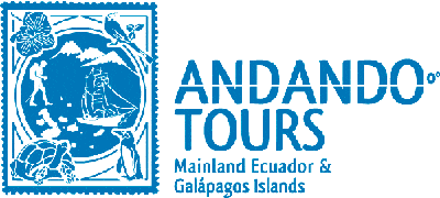 Andando Tours; Mainland Ecuador & Galapagos Islands logo with blue picture of ship, hiker and Galapagos animals.
