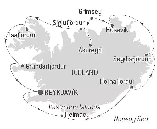 Route map of Icelandic Nature & Traditions small ship cruise, operating round-trip from Reykjavik & making a complete circumnavigation.