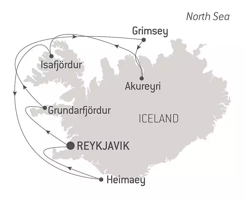 Route map of Icelandic Mosaic cruise, operating round-trip from Reykjavik, Iceland, with visits along the west coast.