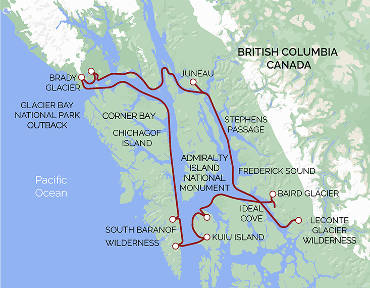 Route map of the Wild Woolly cruise in Southeast Alaska shown with a red line where the ship's path is set to be.
