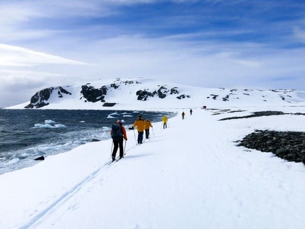 skiers glide on the shoreline of Antarctica during a sunny late spring cross-country ski with blue sky
