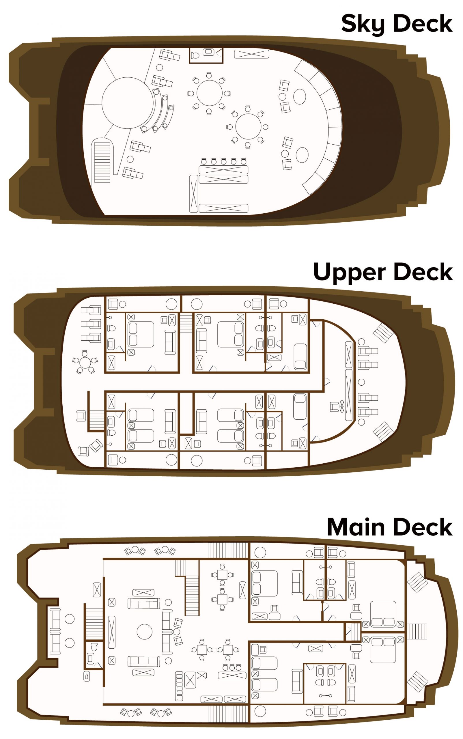 Deck plan of mc Elite Galapagos catamaran, with 3 passenger decks, 8 suites & 1 single cabin.