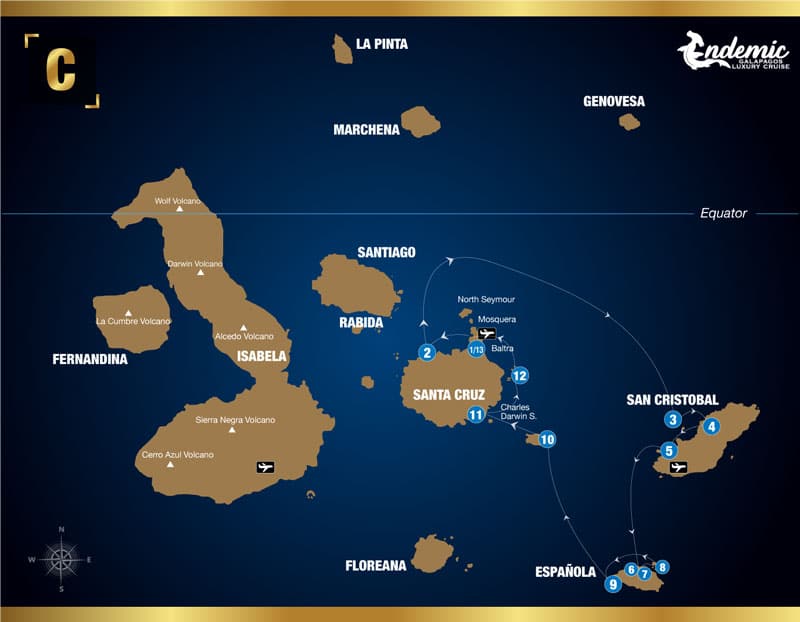 Route map of Endemic 5-day East itinerary C, operating round-trip from Baltra with visits to the islands of Santa Cruz, San Cristobal, Espanola, Santa Fe and South Plaza.