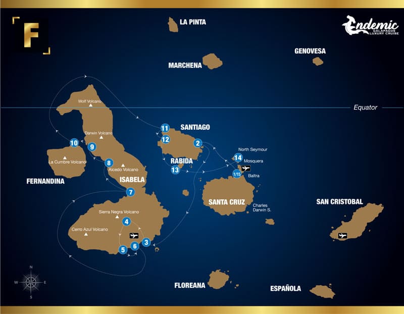 Route map of Endemic 6-day West itinerary F, operating round-trip from Baltra with visits to the islands of Santiago, Isabela, Fernandina, Rabida and Mosquera Islet.