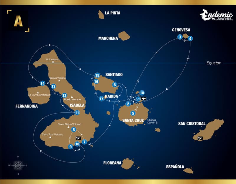 Route map of Endemic 8-day West itinerary A, operating round-trip from Baltra with visits to the islands of Santa Cruz, Genovesa, Santiago, Isabela, Fernandina, Rabida and Mosquera Islet.