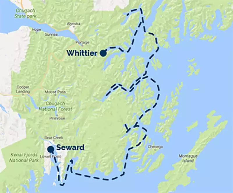 Route map of Seward-Whittier alternative itinerary for Prince William Sound Cruise & Rail Adventure.