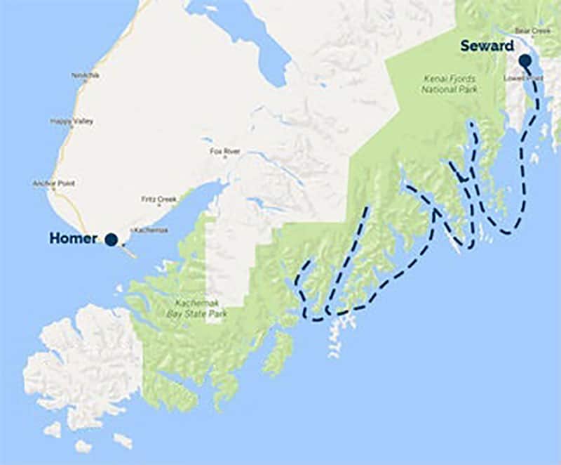 Route map of Sea Star Kenai Fjords National Park Cruise, operating round-trip from Seward, AK.
