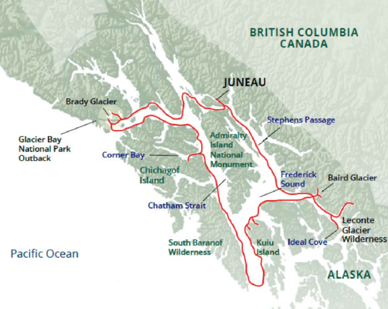 Route map of Wild & Wooly Alaska Cruise, operating round-trip from Juneau with visits along the Inside Passage.