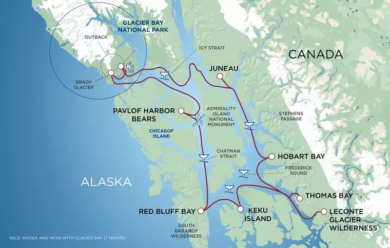 Route map of the Wild Woolly cruise in Southeast Alaska shown with a red line where the ship's path is set to be.
