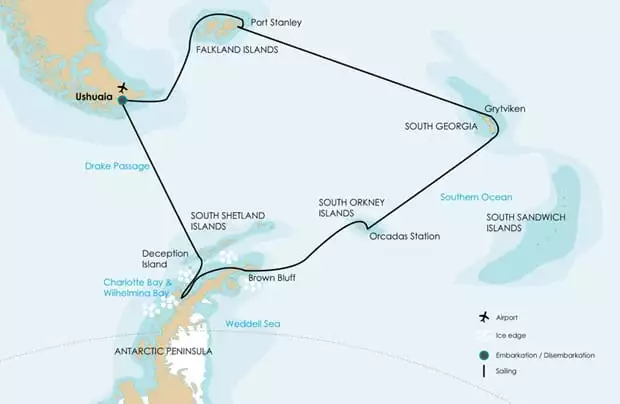 South Georgia Falklands map showing the cruise route from Ushuaia, Argentina to the Falkland Islands, South Georgia, South Orkney Islands, and then around the north Peninsula of Antarctica. 