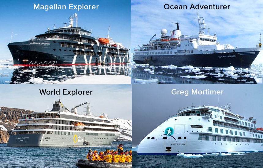 A 4 photo collage of different Antarctica expedition cruise ships. Magellan Explorer, Ocean Adventurer, Greg Mortimer, World Explorer.
