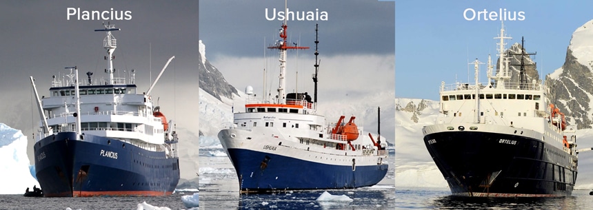 A 3 photo collage of different Antarctica research cruise ships. Plancius, Ushuaia, Ortelius