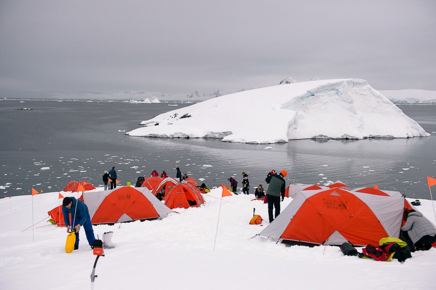 guests set up orange and white tents on the snow in Antarctica for a polar camping activity provided by popular Antarctica cruise line Polar Latitude.
