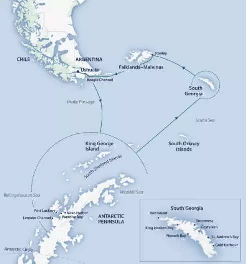 A Falklands South Georgia cruise map showing the tip of Argentina, the Falklands, South Georgia, King George Island and the Antarctic Peninsula.