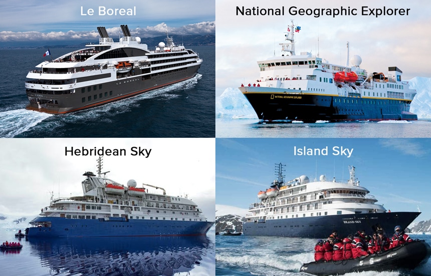 A 4 photo collage of different Antarctica luxury cruise ships. National Geographic Explorer, Le Boreal, Hebridean Sky, Island Sky.