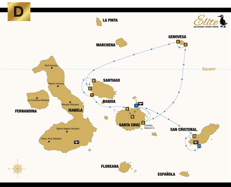Route map of the 5-day Northern Elite Galapagos cruise with visits to Baltra, Santa Cruz, Genovesa, Santiago & San Cristobal islands.