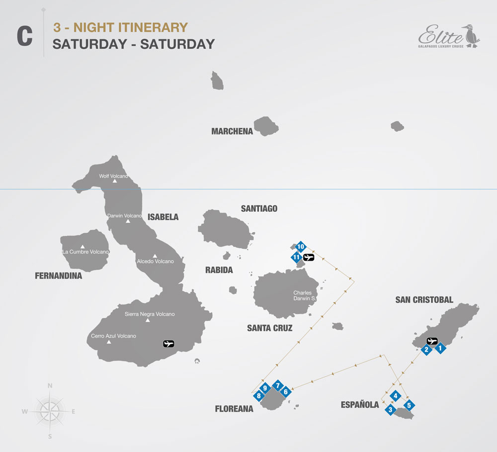 Route map of the 4-day Southern Elite Galapagos cruise with visits to San Cristobal, Espanola, Floreana, Santa Cruz & Baltra islands.