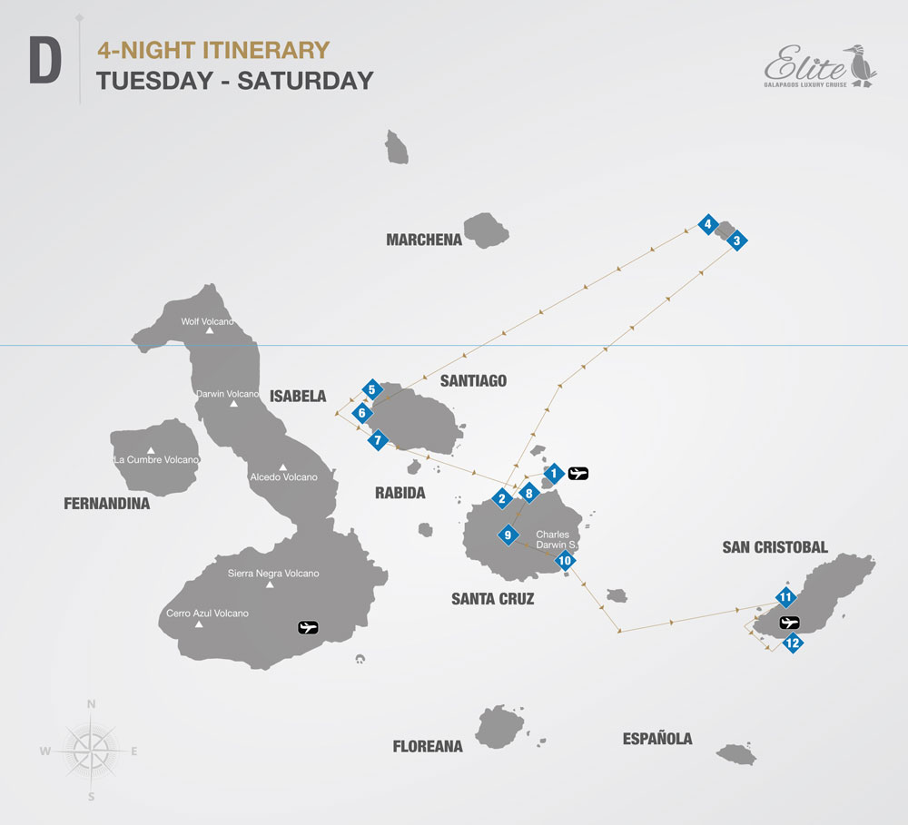 Route map of the 5-day Northern Elite Galapagos cruise with visits to Baltra, Santa Cruz, Genovesa, Santiago & San Cristobal islands.