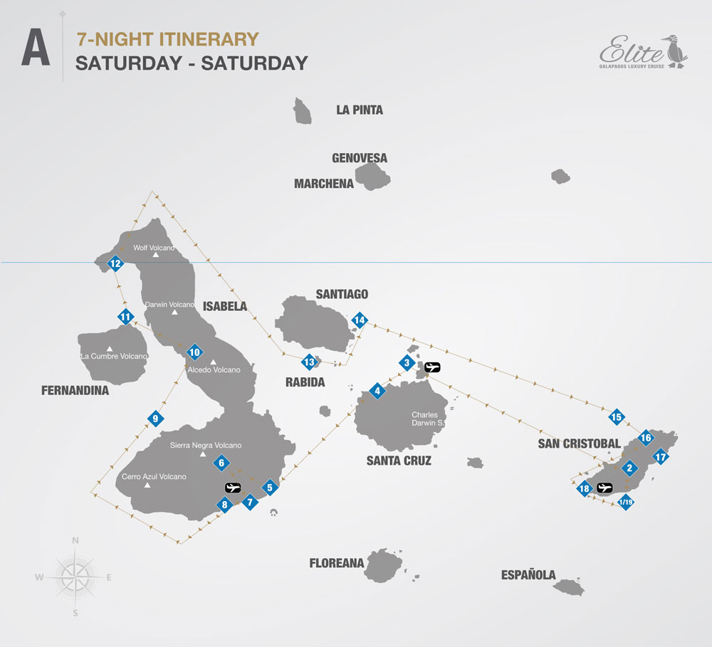 Route map of 8-day Western Elite Galapagos cruise with visits to San Cristobal, North Seymour, Santa Cruz, Isabela, Fernandina, Rabida & Bartolome islands.