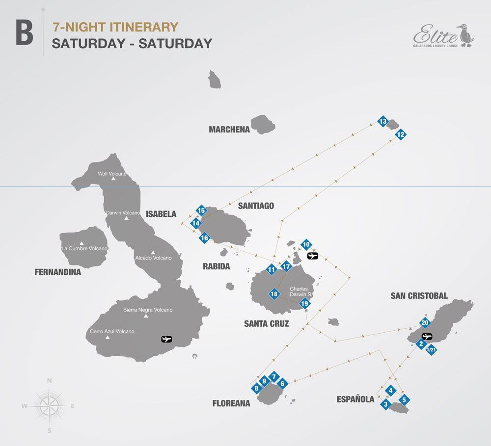 Route map of the 8-day Eastern Elite Galapagos cruise with visits to San Cristobal, Espanola, Floreana, Baltra, Santa Cruz, Genovesa & Santiago islands.