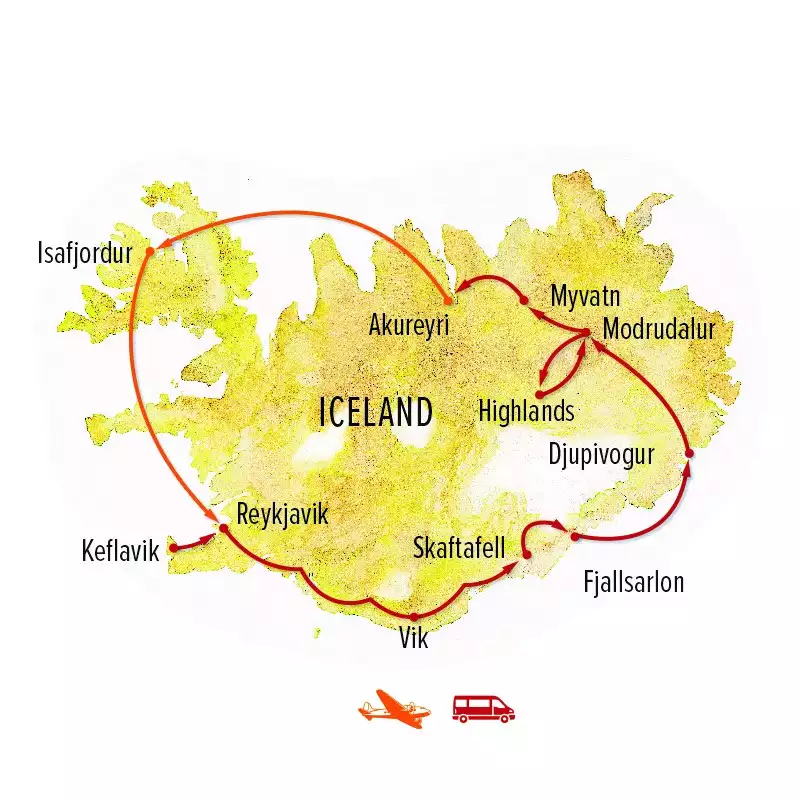 Route map of Iceland Adventure: Circling the Land of Fire & Ice trip, operating round-trip from Reykjavik, with visits to Isafjordur, Akureyri, Myvatn, Modrudalur, Djupivogur, Fjallsarlon, Skaftafell & Vik.