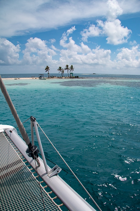 From the back deck of a Belize catamaran a tiny island of sand and palm trees sits against the teal ocean horizon.