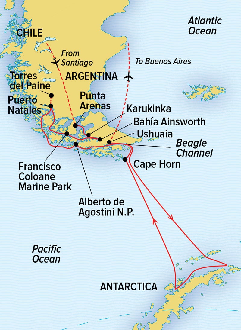 Route map of Patagonia to Antarctica cruise, operating via charter flights through Santiago, Chile and/or Buenos Aires, Argentina.