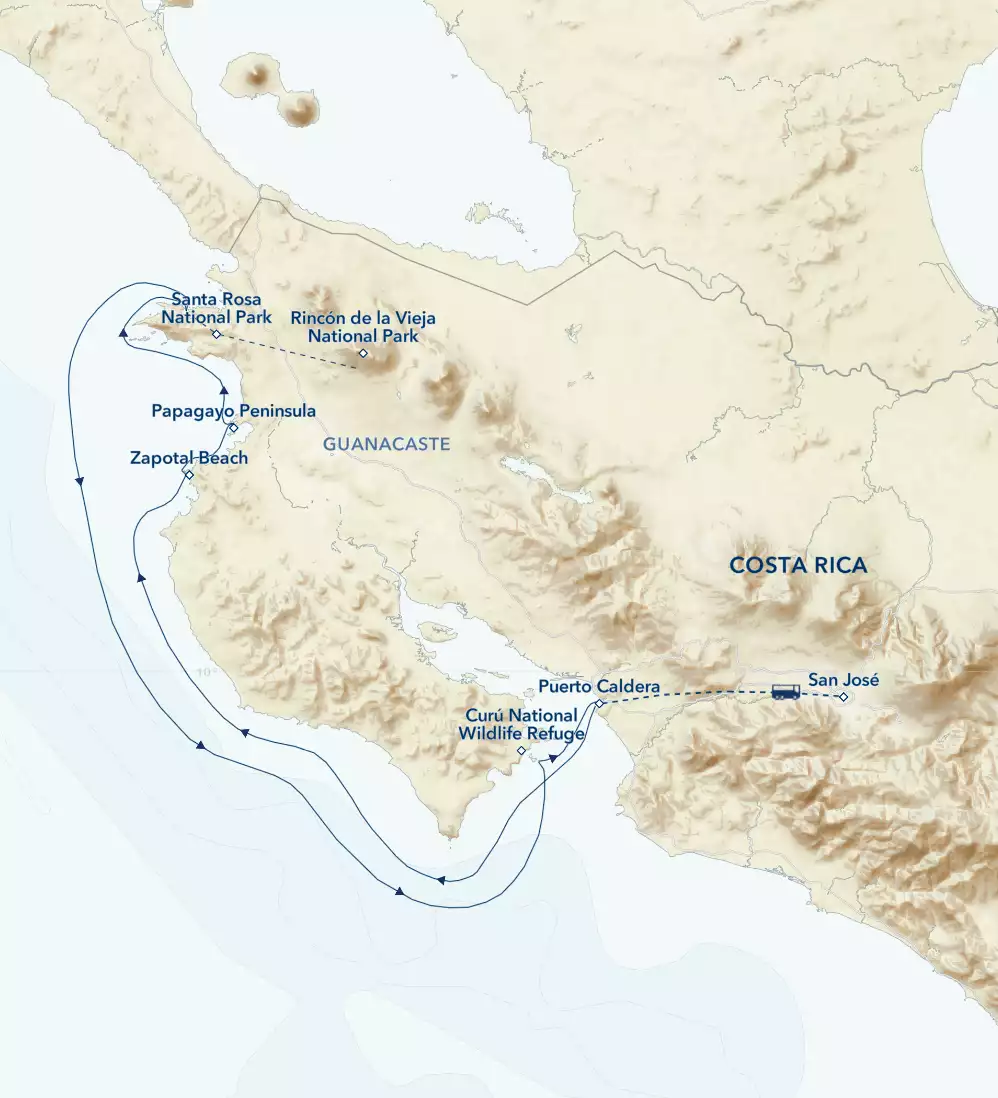 Route map of Exploring Costa Rica's National Parks & Preserves cruise, round-trip from San Jose, with inland visits too.