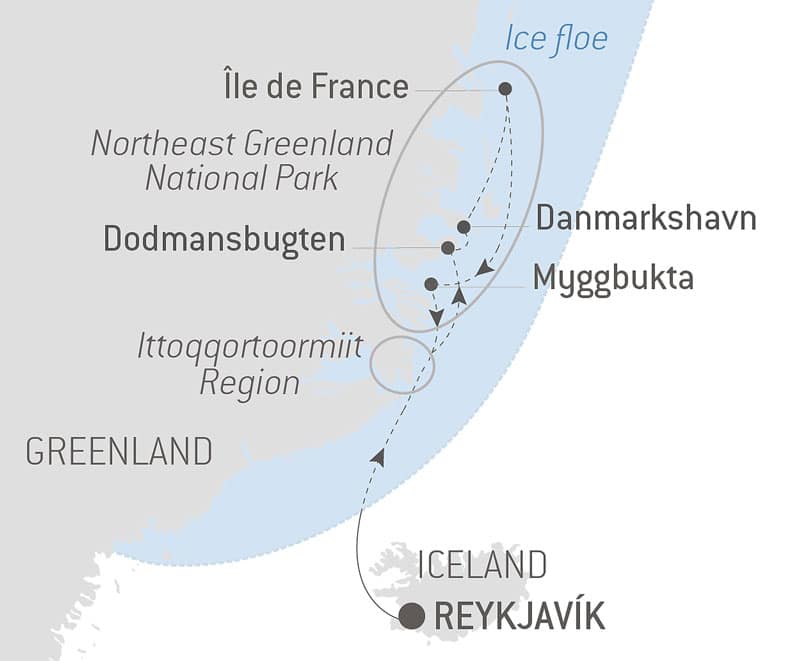 Route map of Le Commandant Charcot's Discovering Northeast Greenland National Park voyage, operating round-trip from Reykjavik, Iceland.