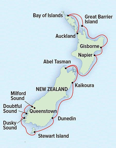 Route map of National Geographic Coastal New Zealand cruise from Auckland to Milford Sound, traveling the Eastern coastline.