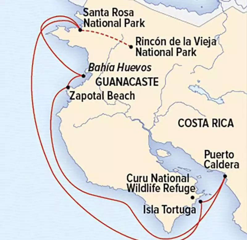Map of Wild Costa Rice Escape: Guanacaste cruise around the west coast of Costa Rica.