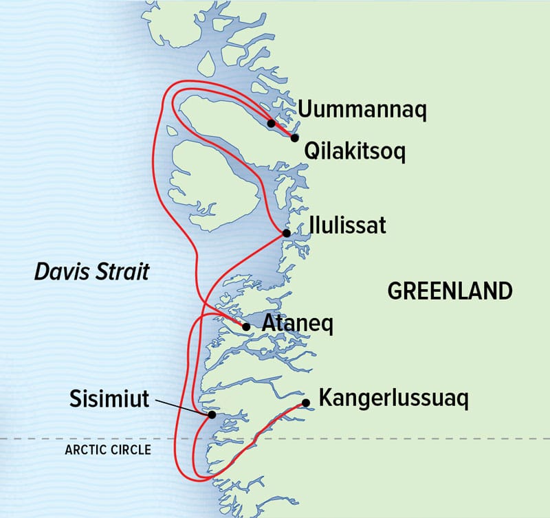 Route map of Wild Greenland Escape small ship cruise, operating round-trip from Kangerlussuaq, West Greenland.