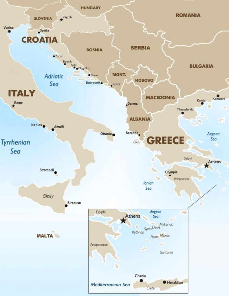 A map with beige and blue colors showing the popular small Mediterranean cruise region and waters around Greece, Italy and Croatia.