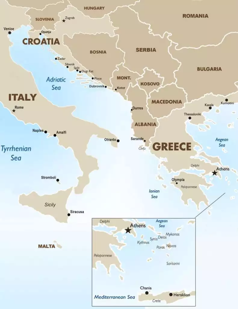A map with beige and blue colors showing the popular small Mediterranean cruise region and waters around Greece, Italy and Croatia.