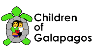 Children of Galapagos logo with kids atop tortoise cartoon graphic.