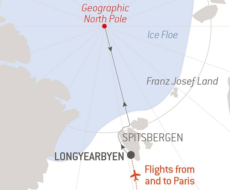 Route map of Le Commandant Charcot North Pole Expedition, with round-trip flights between Paris & Longyearbyen & time sailing beside Spitsbergen.