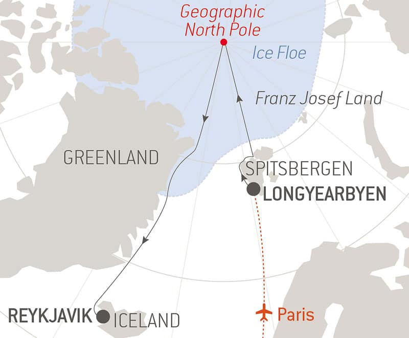 Route map of alternative Le Commandant Charcot North Pole Expedition, with a flight from Paris to Longyearbyen & time sailing beside Spitsbergen & northeast Greenland before disembarking in Reykjavik, Iceland.