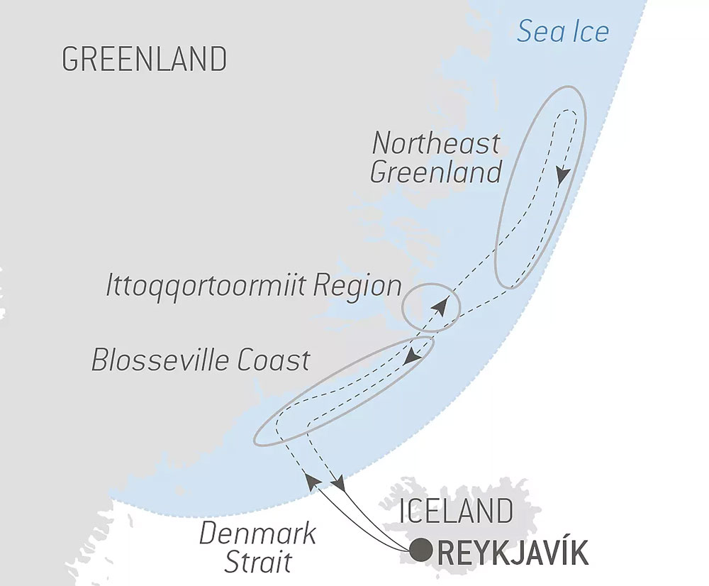 Route map of Le Commandant Charcot's Northeast Greenland's Unexplored Sea Ice cruise, operating round-trip from Reykjavik, Iceland.