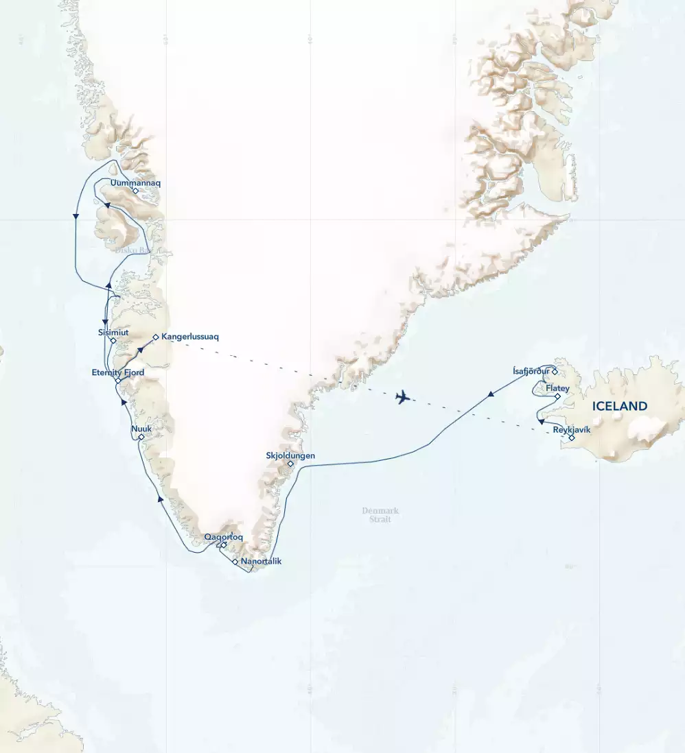 Route map of Iceland & Greenland: Edge of the Arctic Cruise sailing Baffin Bay from Reykjavik, Iceland to Kangerlussuaq, Greenland, ending with a flight back to Reykjavik.