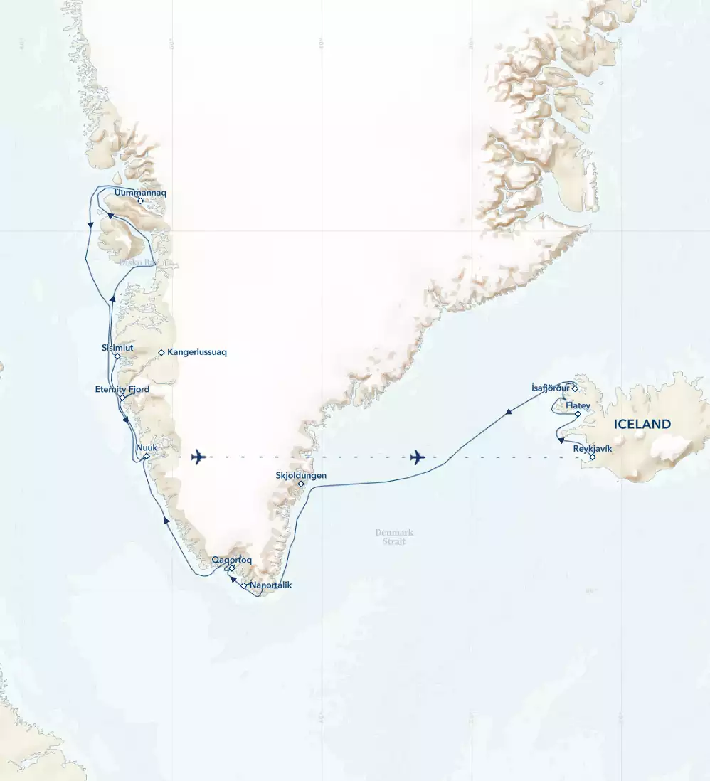 Route map of Iceland & Greenland: Edge of the Arctic Cruise sailing Baffin Bay from Reykjavik, Iceland to Nuuk, Greenland, ending with a flight back to Reykjavik.