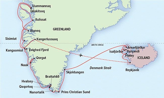 Route map of Iceland & Greenland: Edge of the Arctic Cruise, operating round-trip from Reykjavik, Iceland, with visits to west Iceland & south Greenland.