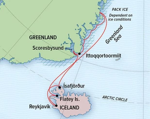 Route map of Iceland's Wild West Coast to East Greenland voyage, round-trip from Reykjavik with visits to Scoresbysund.